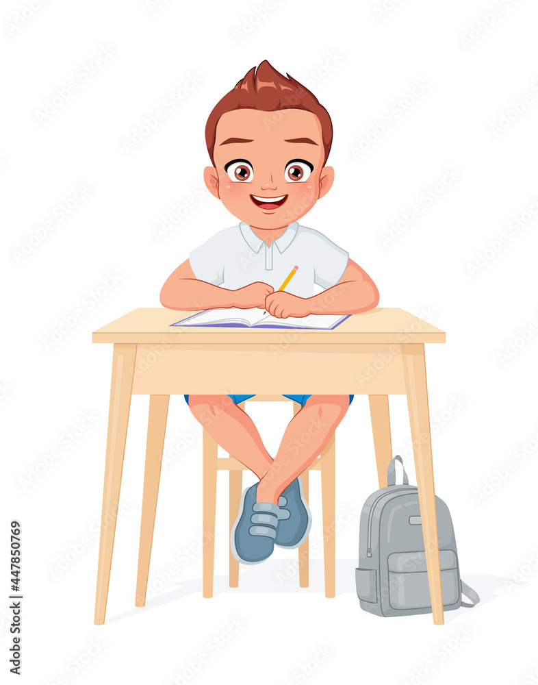 Happy school boy sitting at desk. Cartoon vector illustration. Happy school boy sitting at desk. Cartoon vector illustration.