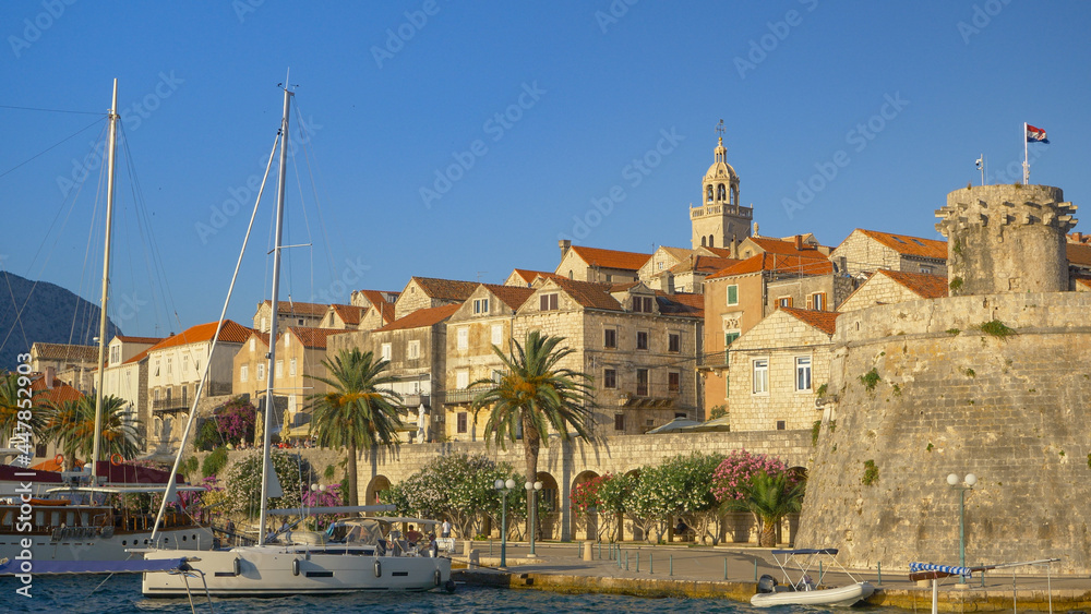 Picturesque shot of the island of Korcula's old town on a sunny summer evening.