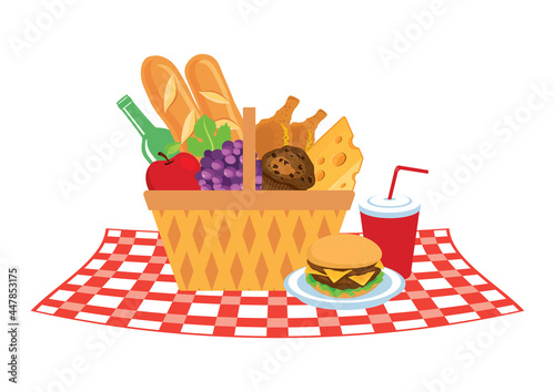 Wicker picnic basket with food and drink on a blanket vector icon. Basket with food and drink on a checkered blanket icon isolated on a white background