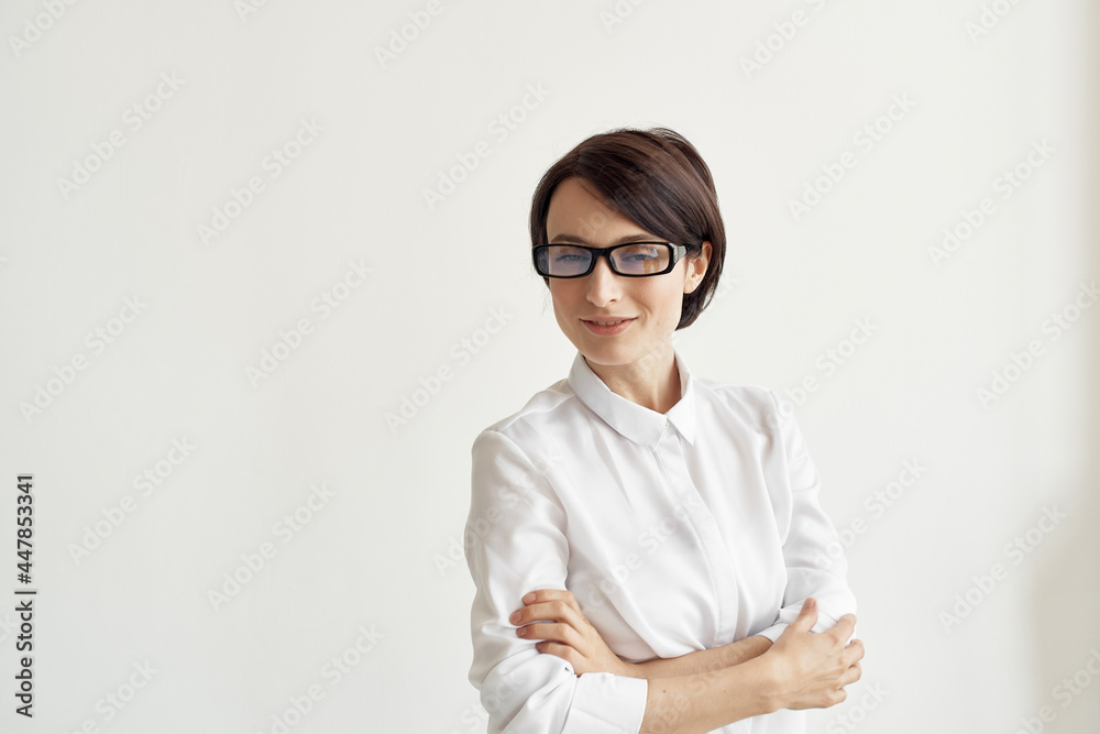 Business woman in glasses and white shirt secretary office Business woman in glasses and white shirt secretary office