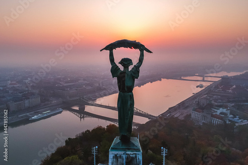 Canvas Print Aerial view to the Statue of Liberty with Liberty Bridge and River Danube at bac