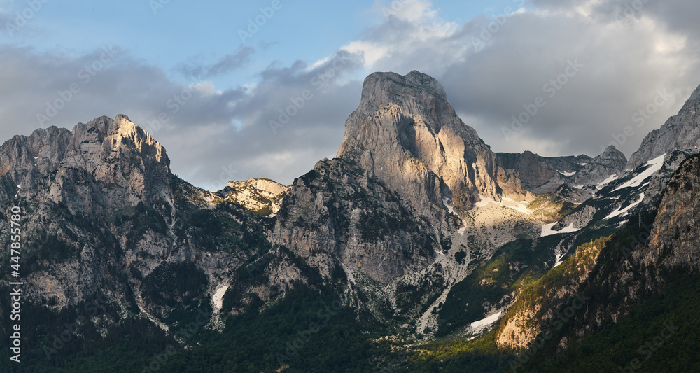 Peaks of Albanian mountain ridge in Valbone valley