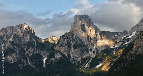 Peaks of Albanian mountain ridge in Valbone valley photo