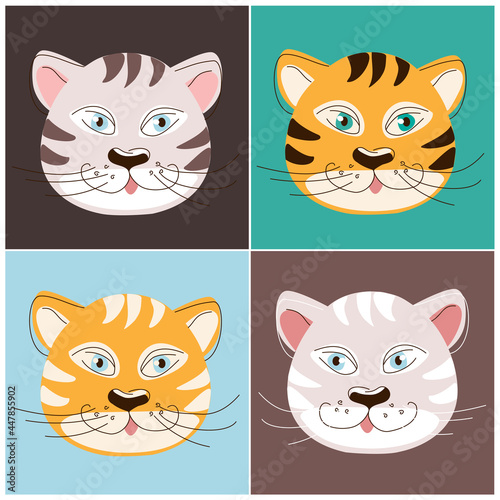 Fototapeta Naklejka Na Ścianę i Meble -  The muzzles of tigers of four types of different colors on multi-colored backgrounds. Set of vector illustration in the style of line art