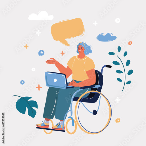 Vector illustration of A young woman is sitting in a wheelchair and working at laptop. A disabled person works in an office.