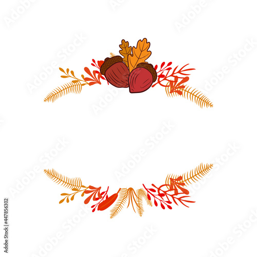 Vector Autumn Frame with Acorn and Colorful Leaves Isolated on White Background, Autumn Season Colors.
