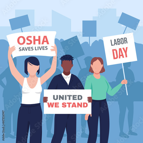 Peaceful labor day demonstration flat color vector illustration. May Day march. Employee activism. Honoring labour movement. Concerned laborers 2D cartoon characters with worker parade on background