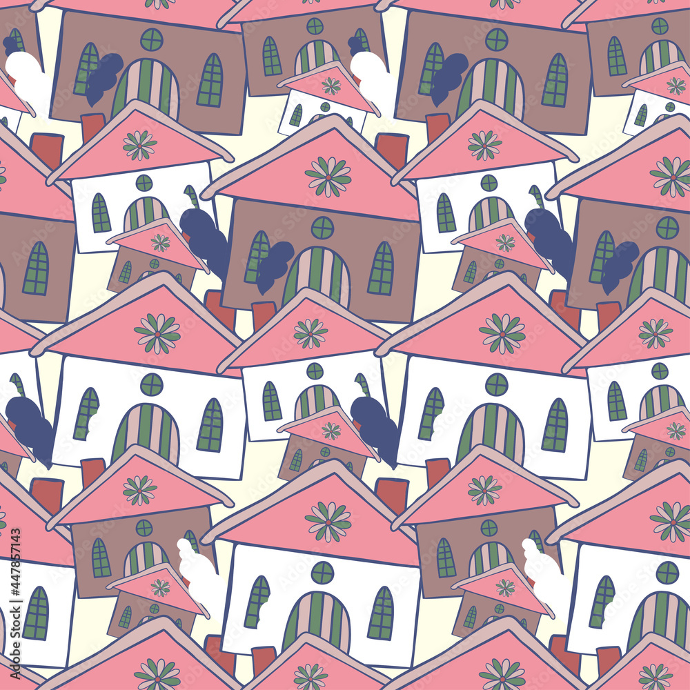 Seamless vector pattern of cartoon houses in the city in pink pastel tones