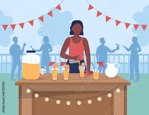 Hosting backyard cocktail party flat color vector illustration. Serving mixed alcoholic drinks for friends. Female bartender 2D cartoon character with informal social gathering on background