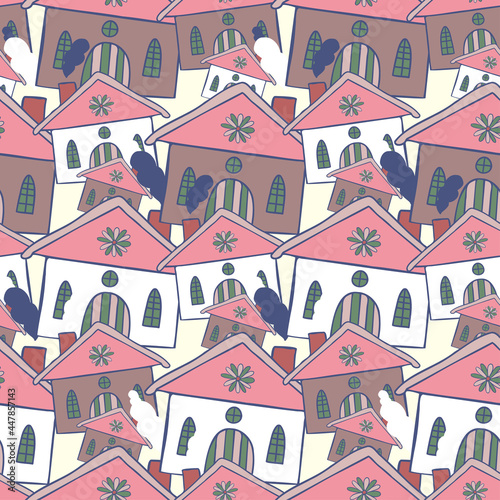 Seamless vector pattern of cartoon houses in the city in pink pastel tones