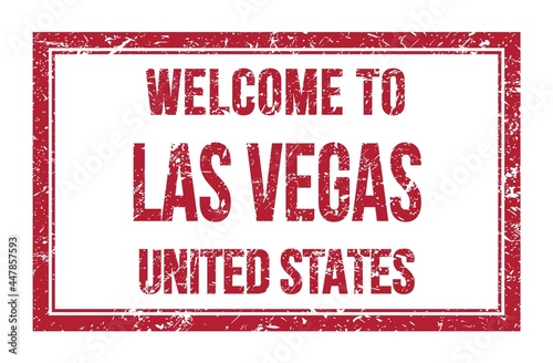 Photography WELCOME TO LAS VEGAS - UNITED STATES, words written on red rectangle stamp