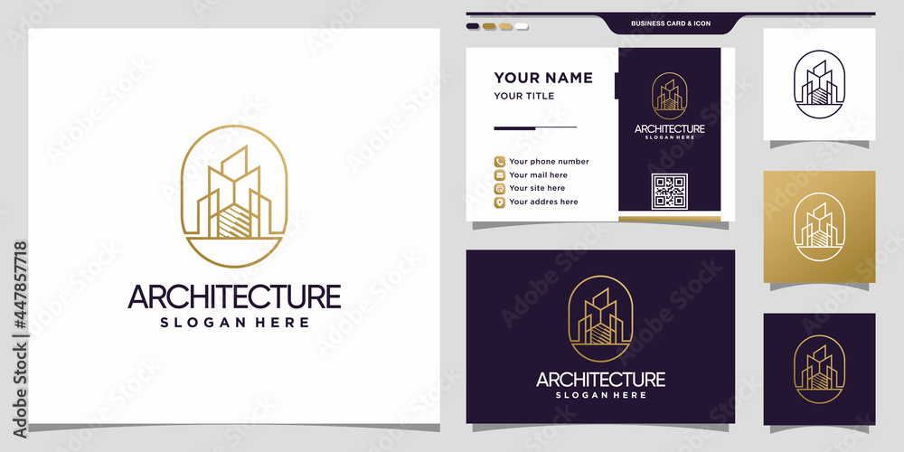 Architecture logo design template with linear style and business card. Logo design inspiration for construction Premium Vector