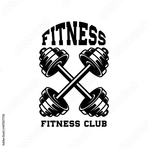Fitness club. Emblem template with crossed dumbbells. Design element for logo, label, sign, poster, t shirt. Vector illustration