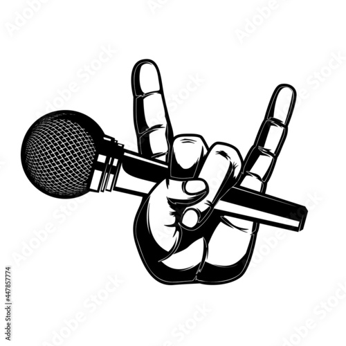 Human hand with microphone. Design element for sign, logo, label, t shirt. Vector illustration