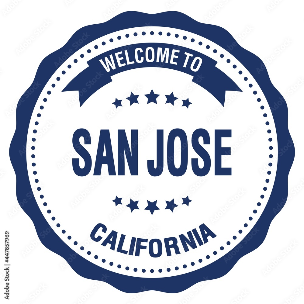 WELCOME TO SAN JOSE - CALIFORNIA, words written on blue stamp