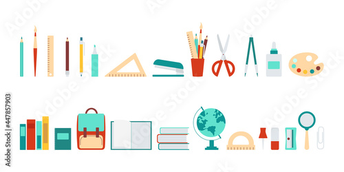 School tools  supplies  stationery in flat style. Set of colored icons  pictograms. Pen  globe  backpack  ruler  book  brush  pencil and other items. Vector illustration isolated on white