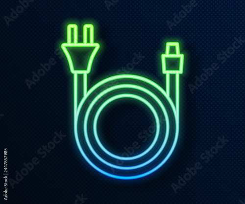 Glowing neon line Electric plug icon isolated on blue background. Concept of connection and disconnection of the electricity. Vector