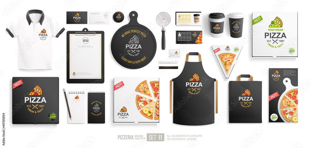 Pizza package with logo restaurant brand Identity mock-up set isolated on white background. Branding bundle of vegetarian pizza box, pizzeria flyer, stationary items. Cafe corporate identity mock up - obrazy, fototapety, plakaty 