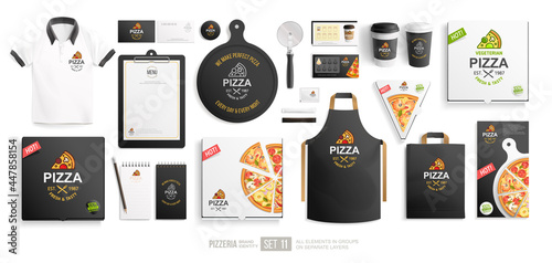 Pizza package with logo restaurant brand Identity mock-up set isolated on white background. Branding bundle of vegetarian pizza box, pizzeria flyer, stationary items. Cafe corporate identity mock up photo