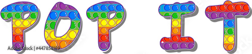 Pop it. The name of a popular modern toy in rainbow colors and a simple handmade toy with dimples. Anti-stress, relaxing. Illustration on a white background.