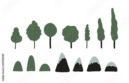 Trees and mountains. simple illustration. Elements for board games and cartographic planes. Landscaping symbols. Vector illustration.