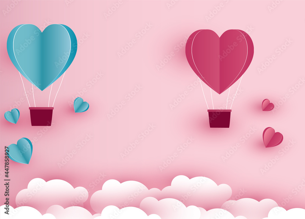Blue and pink heart shaped balloon can be used as card Valentine's day.  Heart and cloud love concept invitation on vector abstract background.