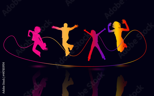 Young Girls and Boys Dancing Together. Happy Friends Dance With neon silhouettes color. Colorful people Silhouettes. Youth and dance Concept . dark navy background 