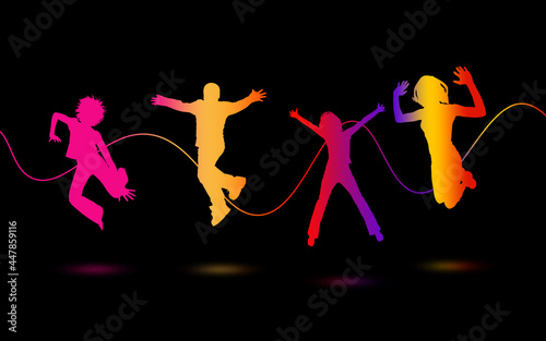 dancing people neon silhouettes color. Colorful Young Friends Dance Together. Colorful illustration in balck background. dance and music lovers conceit 