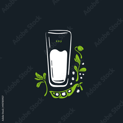 Soy milk in glass. Vector sketch symbol Fresh bean