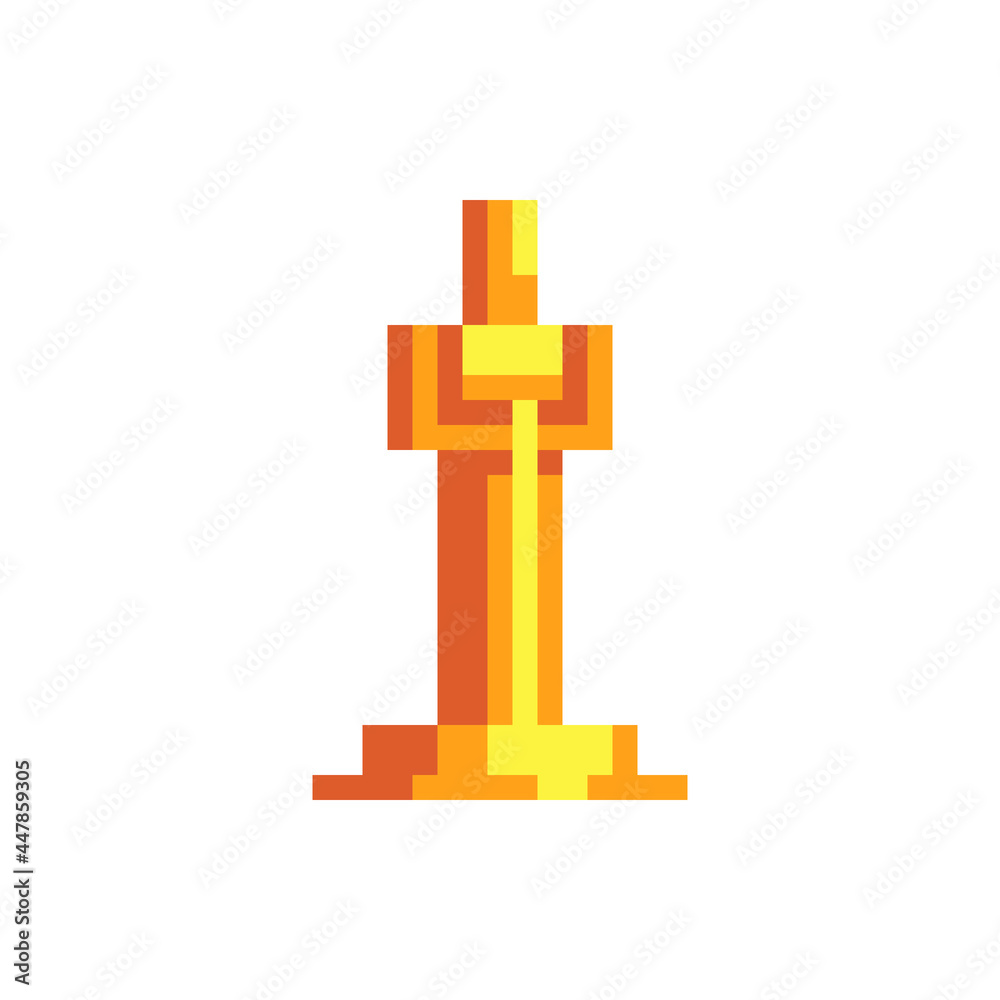 Obraz premium Golden statuette award, cinema pixel art icons set. Isolated vector illustration. 8-bit sprite. Element design for mobile app, web, sticker, logo.