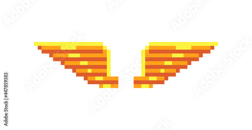 Golden wings logo. Pixel art icons set. 8-bit sprites. Game assets. Isolated abstract vector illustration.