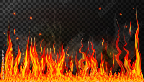 Flames and smoke with sparks of fire on a transparent background for use in dark illustrations. A horizontal wall of fire. Transparency is only in vector format. Illustration in a realistic style