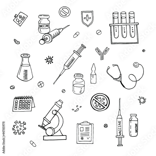 COVID-19 vaccination, calendar, microscope, test tubes, stethoscope, one ampoule of vaccine and a syringe, coronavirus and antibody. A medical set in hand drawn style.
