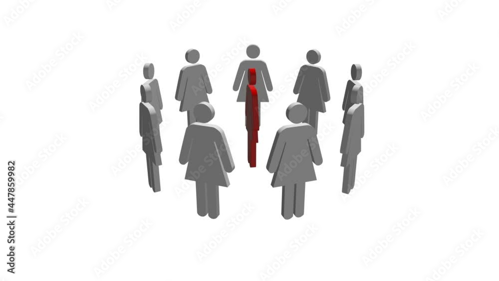 3D silhouettes of a white female rotate around a red silhouette