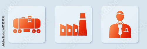 Set Oil industrial factory building, Oil railway cistern and Businessman or stock market trader. White square button. Vector