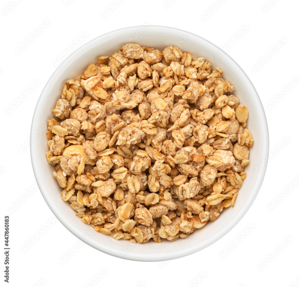 Granola, crunchy muesli isolated on white background, top view Granola, crunchy muesli isolated on white background, top view