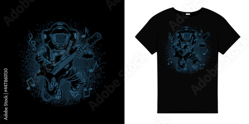T-shirt design with astronaut playing guitar in blue color.