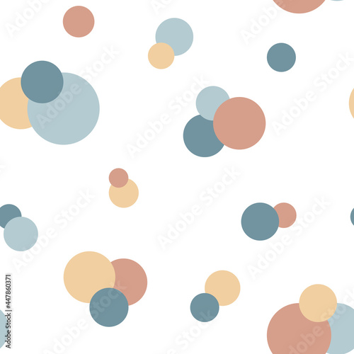 Seamless pattern with pink and blue simple circles in modern scandinavian style. Minimalistic abstract background for wallpaper, fabric, packaging.