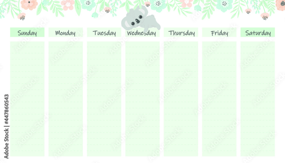 Weekly planner template with cute koala Ready to fill in schedule. Cute vector planner.