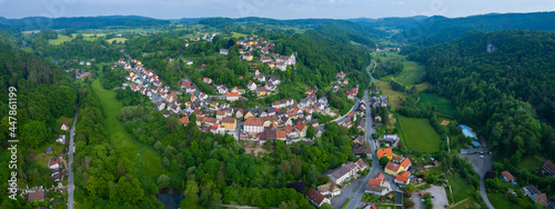 Aerial view of the city Egloffstein in Germany, on a sunny day in spring.