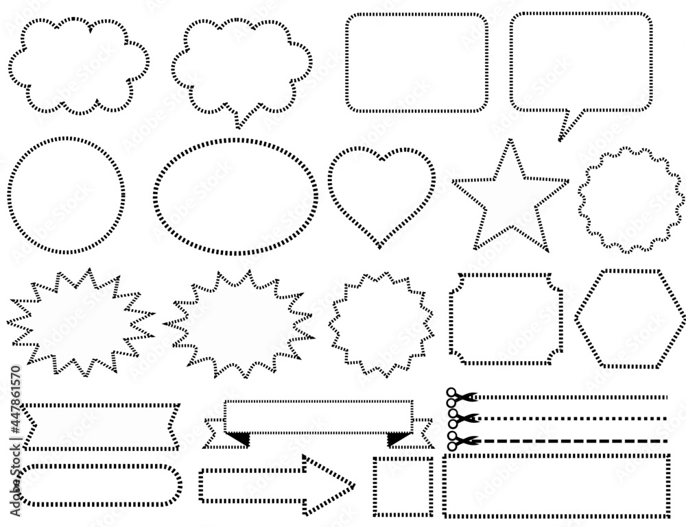 Set of hand drawn frames or labels.Scissor cut line.Set of dashed line shapes.Banner, tag and white template.Text box and blank stickers.Sign, symbol, icon or logo.Flat design.vector illustration. Set of hand drawn frames or labels.Scissor cut line.Set of dashed line shapes.Banner, tag and white template.Text box and blank stickers.Sign, symbol, icon or logo.Flat design.vector illustration.