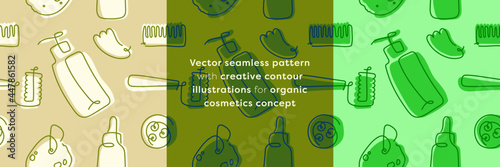 Organic cosmetics concept. Self care, body care vector linear icons. Vegan cosmetics ornament. Natural green seamless pattern.  Illustrations for label background, packaging design. Beauty in nature.