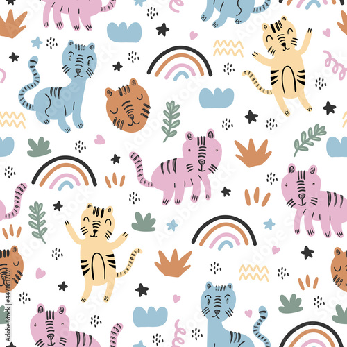 Seamless pattern of cute cat isolated on white background.
