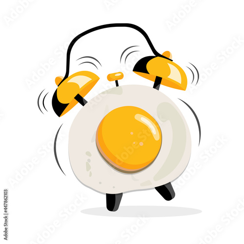 cartoon vector illustration of alarm clock with fried egg on white isolated background. Top view.