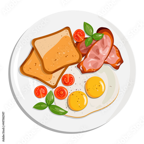 english breakfast with fried eggs, becon pieces, timatoes and Tosts. Vector illustration isolated on white background