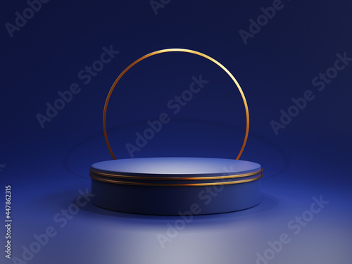Round blue podium pedestal with gold circle for product showing and display by 3d rendering technique.