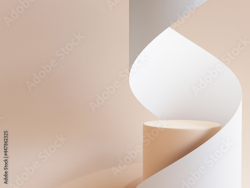 Light pink colour of round podium with rolling white paper for show and display product advertisement such as cosmetic by 3d render technique. photo