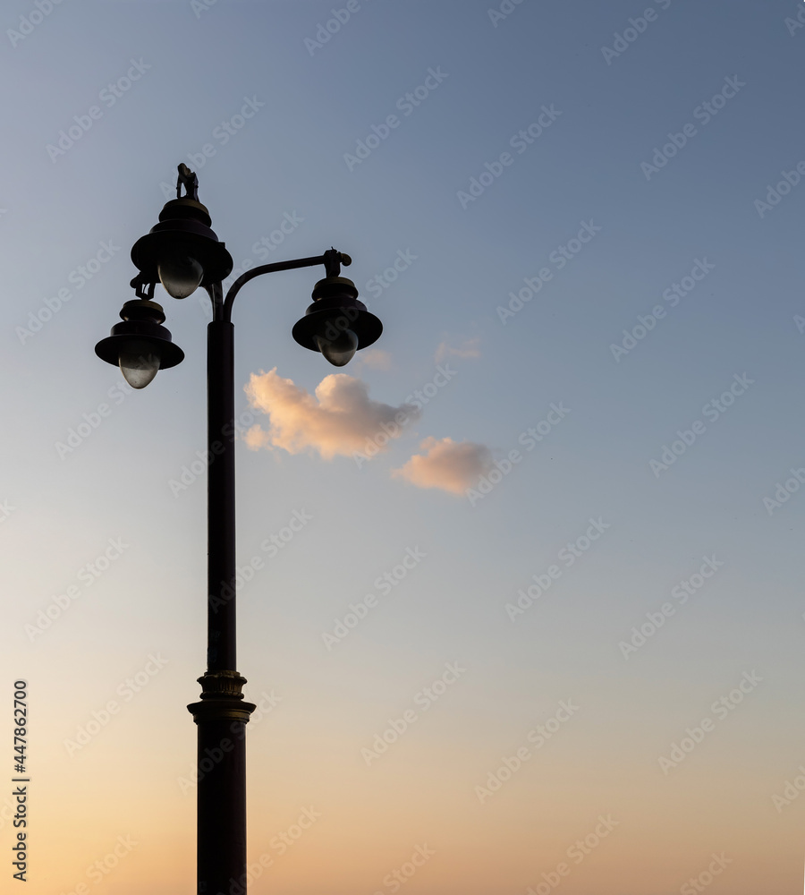 Silhouette of a lamppost and a cloud illuminated by the sunset light. Minimalism.