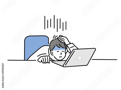 残業する男性のイラスト(仕事、ビジネス、資料作成、会議、疲れ、忙しい、イライラ、失敗、多忙) Illustrations of men working overtime . work, business, materials preparation, meetings, fatigue, busyness, irritation