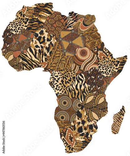 Abstract Africa map traditional fabric and wild animal skin vector patchwork